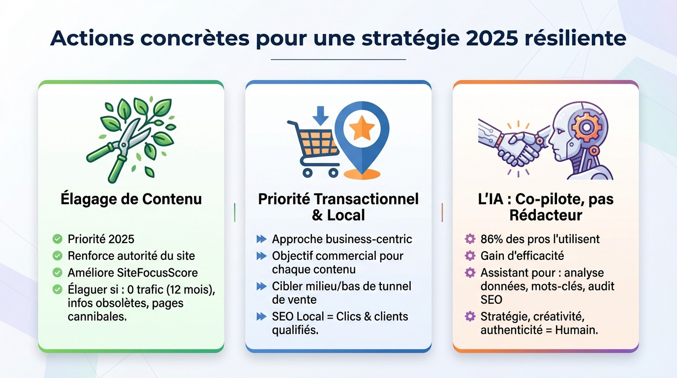 Illustration d'une stratégie SEO résiliente pour 2025 avec focus sur l'élagage de contenu et l'IA