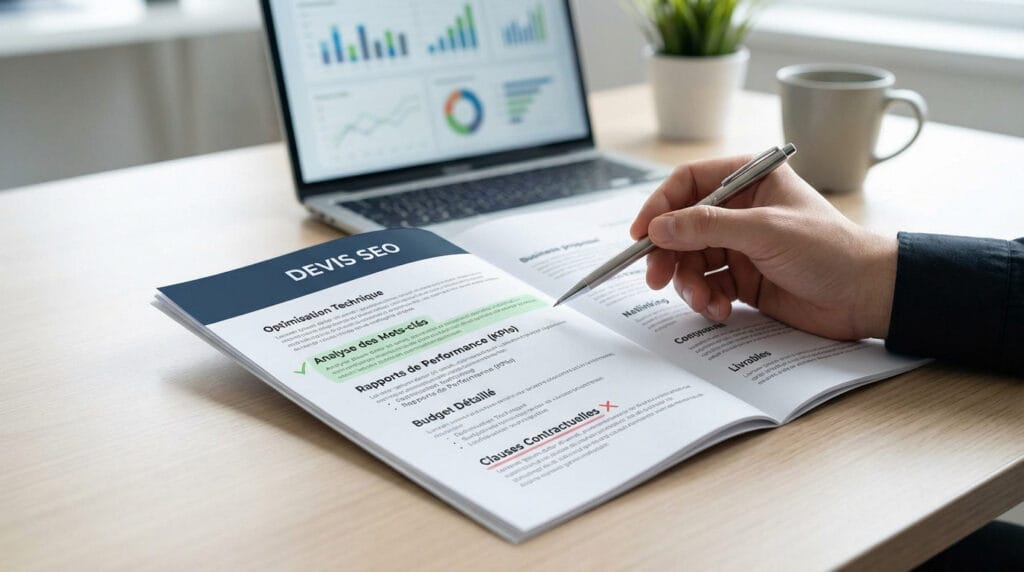 Analyse de devis SEO posée sur bureau, repère les engagements et points de vigilance pour audit Rhône