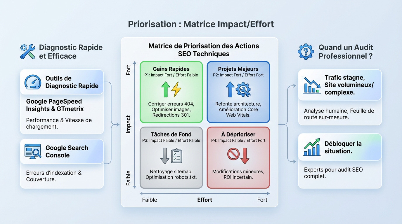 Schéma illustrant le processus d'audit SEO technique, du diagnostic des erreurs à la priorisation des actions correctives