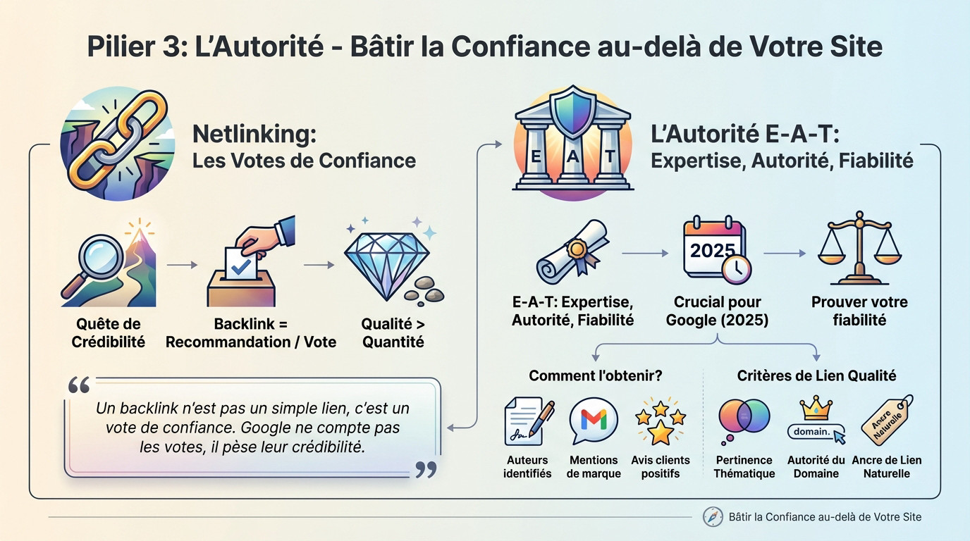 Schéma explicatif des leviers d'autorité SEO : netlinking de qualité et critères E-A-T