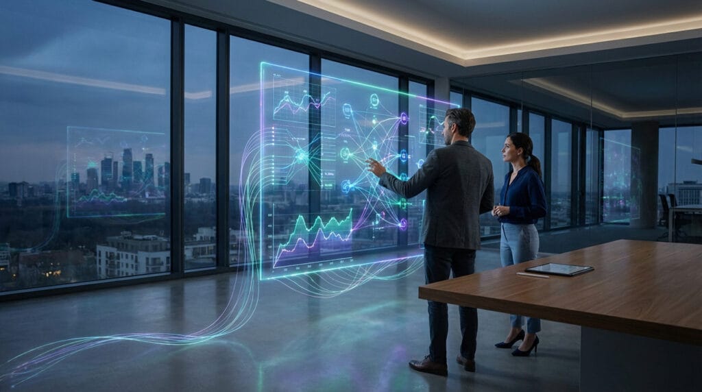 Bureau moderne avec écran holographique data SEO, deux consultants analysent graphiques visibilité à Lyon Rhône