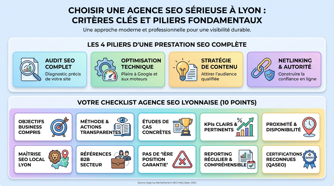Schéma illustrant les piliers clés pour choisir une agence SEO à Lyon : audit, technique, contenu et netlinking
