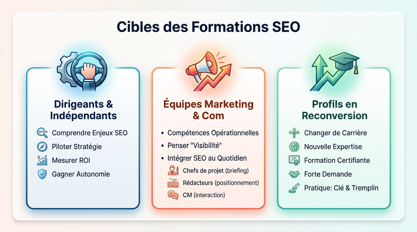 Illustration des différents profils ciblés par une formation SEO à Lyon : dirigeants, marketeurs et personnes en reconversion