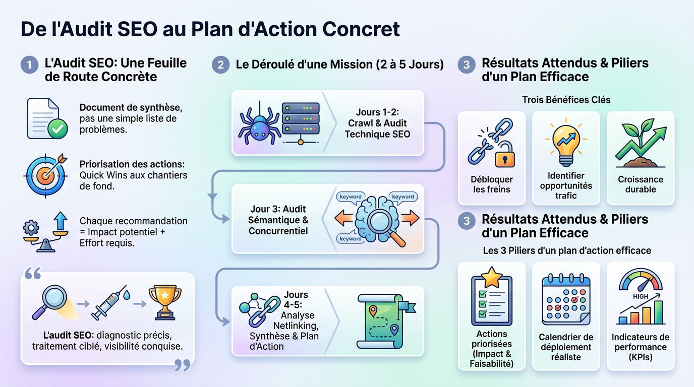 Schéma de transition entre les données de l'audit technique et la stratégie SEO opérationnelle