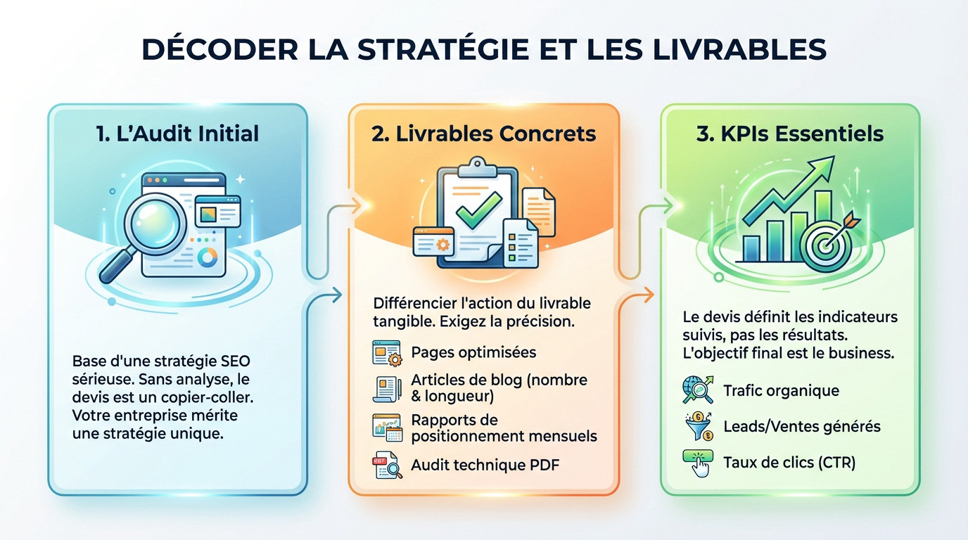 Schéma illustrant les étapes pour décoder la stratégie et les livrables d'un devis SEO