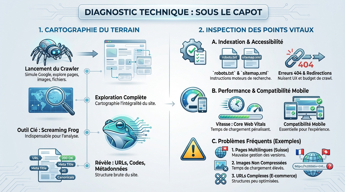 Analyse technique d'un site web via un audit SEO montrant des données de crawl et de performance