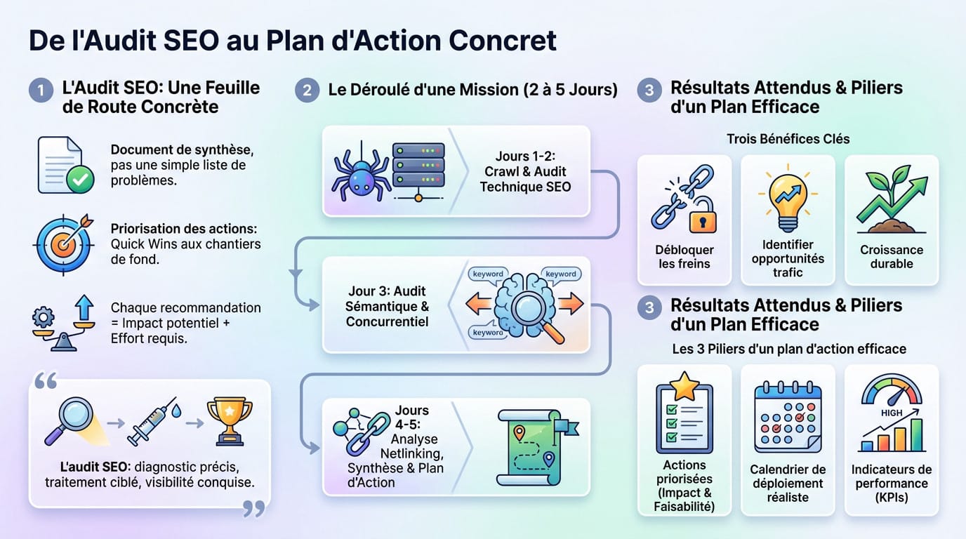 Schéma de transition entre les données de l'audit technique et la stratégie SEO opérationnelle