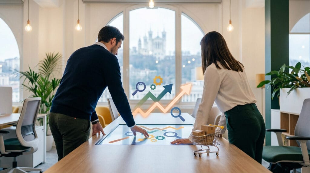 duo analysant des ventes en ligne sur table tactile face a Fourviere, conseil SEO e-commerce a Lyon