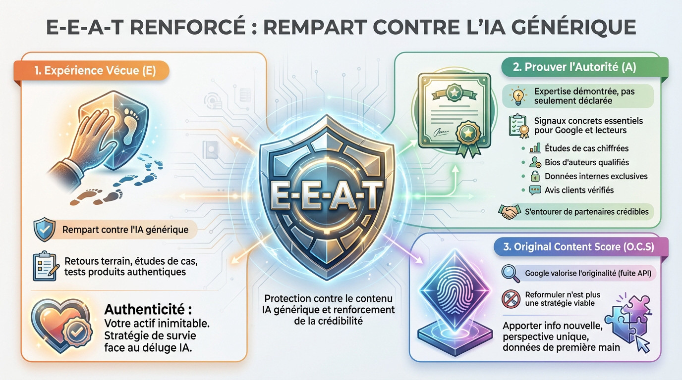 Schéma illustrant le concept E-E-A-T comme protection contre le contenu généré par IA