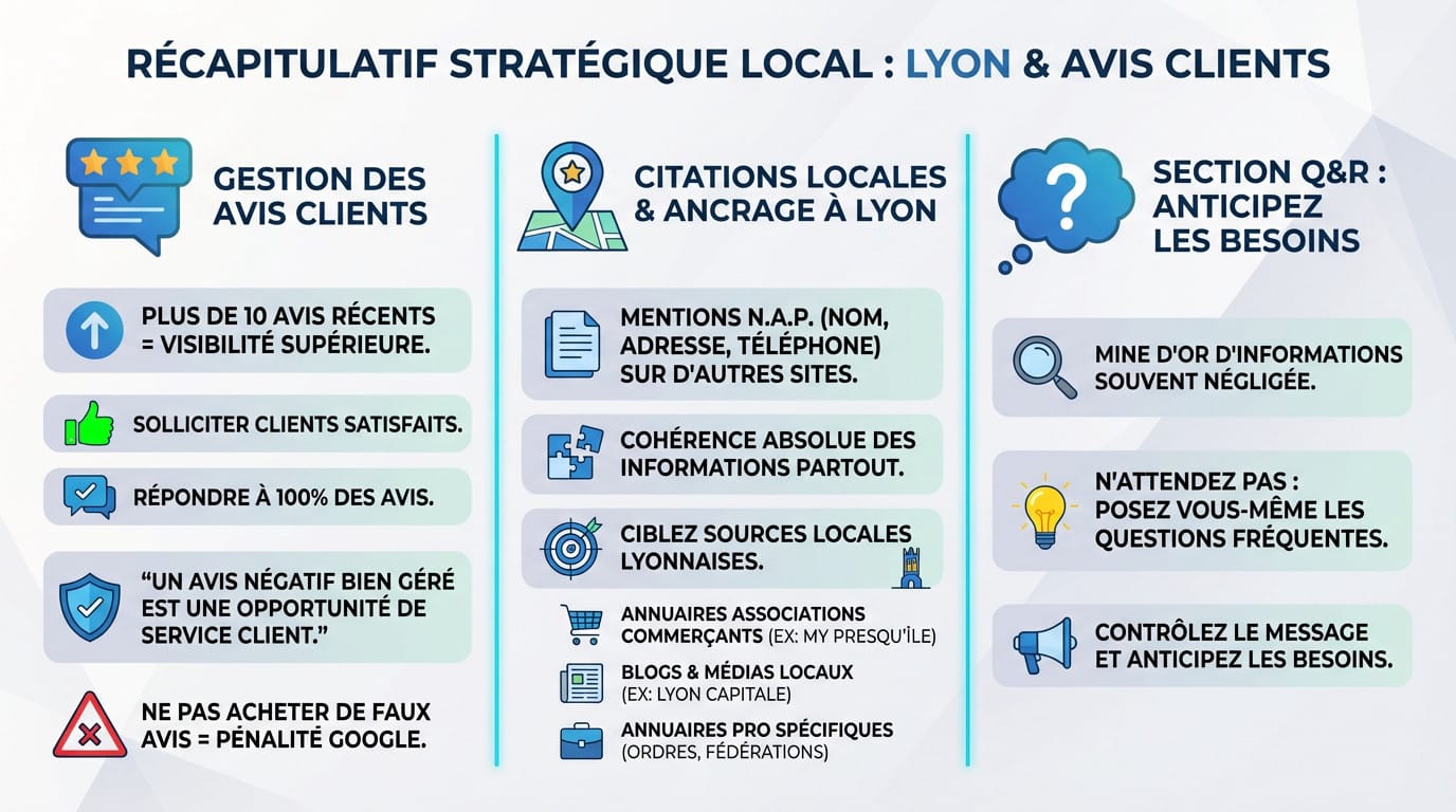 Schéma récapitulatif de la stratégie de référencement local à Lyon incluant la gestion des avis clients et l'optimisation GMB