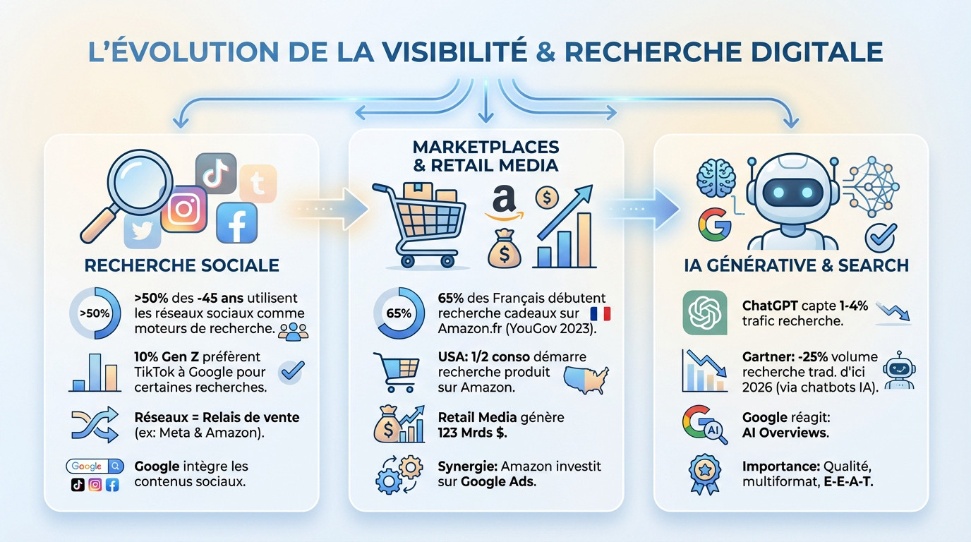 Schéma illustrant l'évolution du global search marketing vers les réseaux sociaux et l'IA