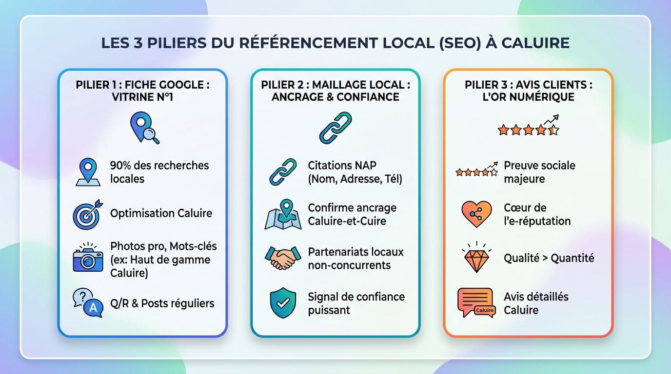 Schéma des 3 piliers du référencement local à Caluire : Fiche Google, Maillage et Avis