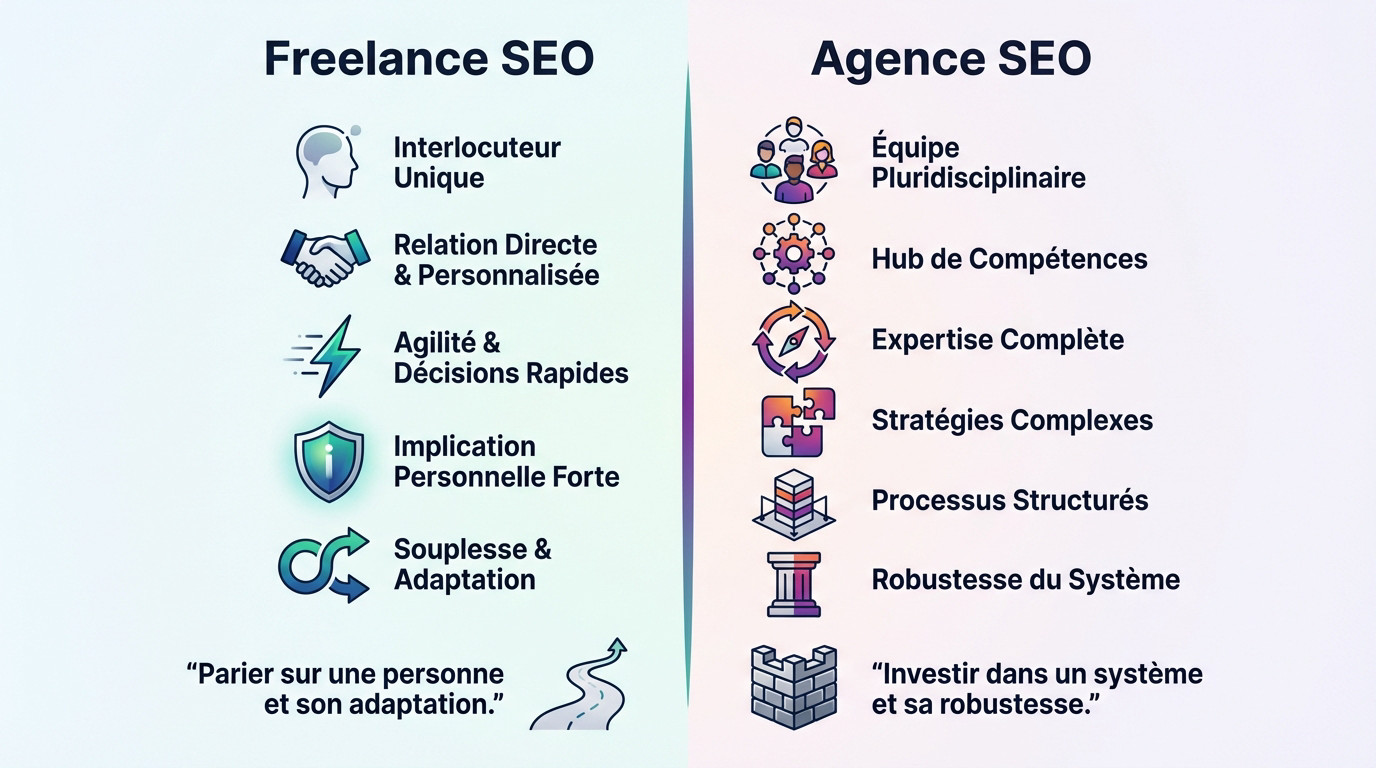 Comparaison visuelle entre la structure d'un consultant SEO freelance et une agence SEO à Lyon