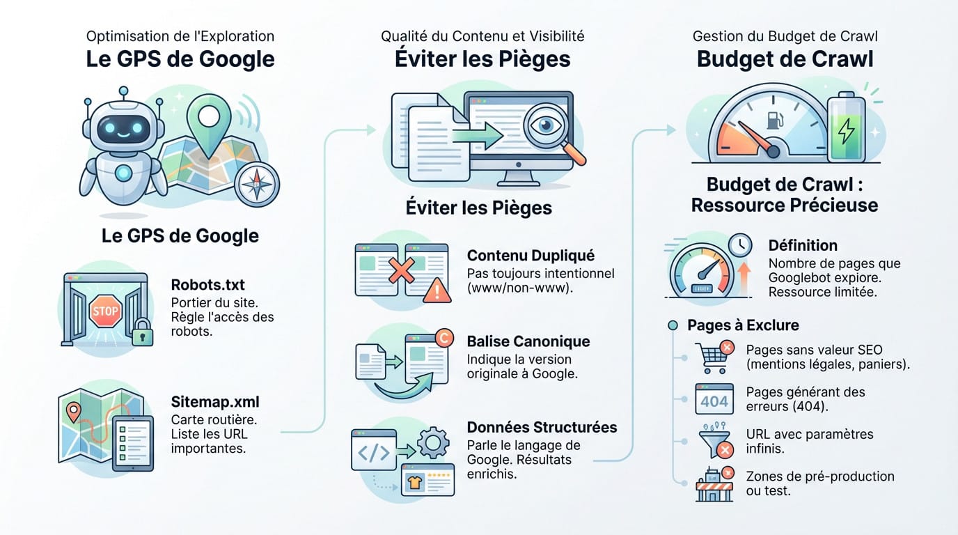 Schéma explicatif du budget de crawl et de l'optimisation de l'exploration par les robots Google