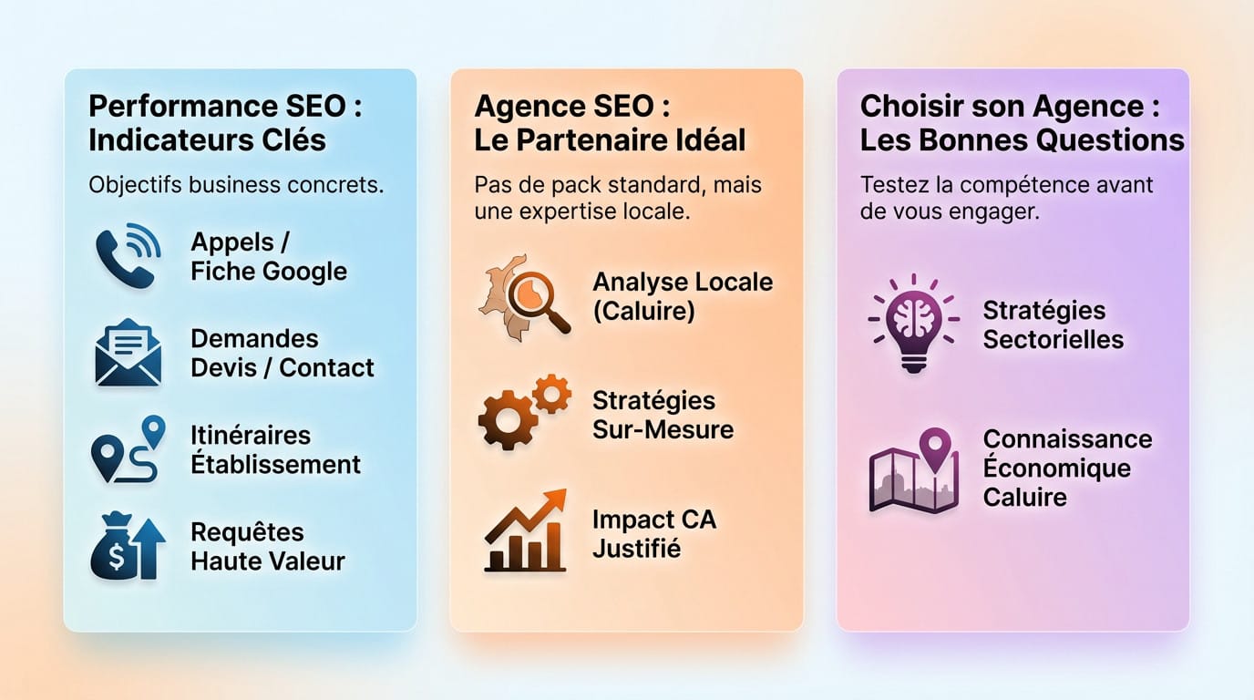 Infographie illustrant les critères de performance SEO et le choix d'une agence à Caluire