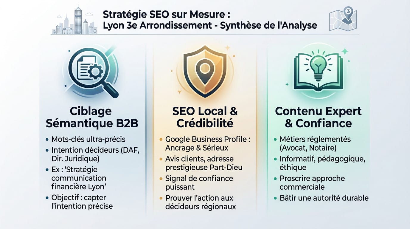 Infographie illustrant la stratégie SEO B2B pour le quartier de la Part-Dieu à Lyon