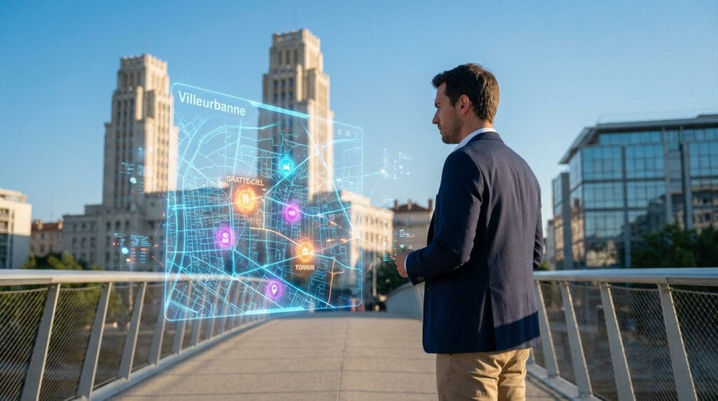 graphique de positionnement SEO — man views holographic map of villeurbannes future | référencement naturel Lyon en Auverg...
