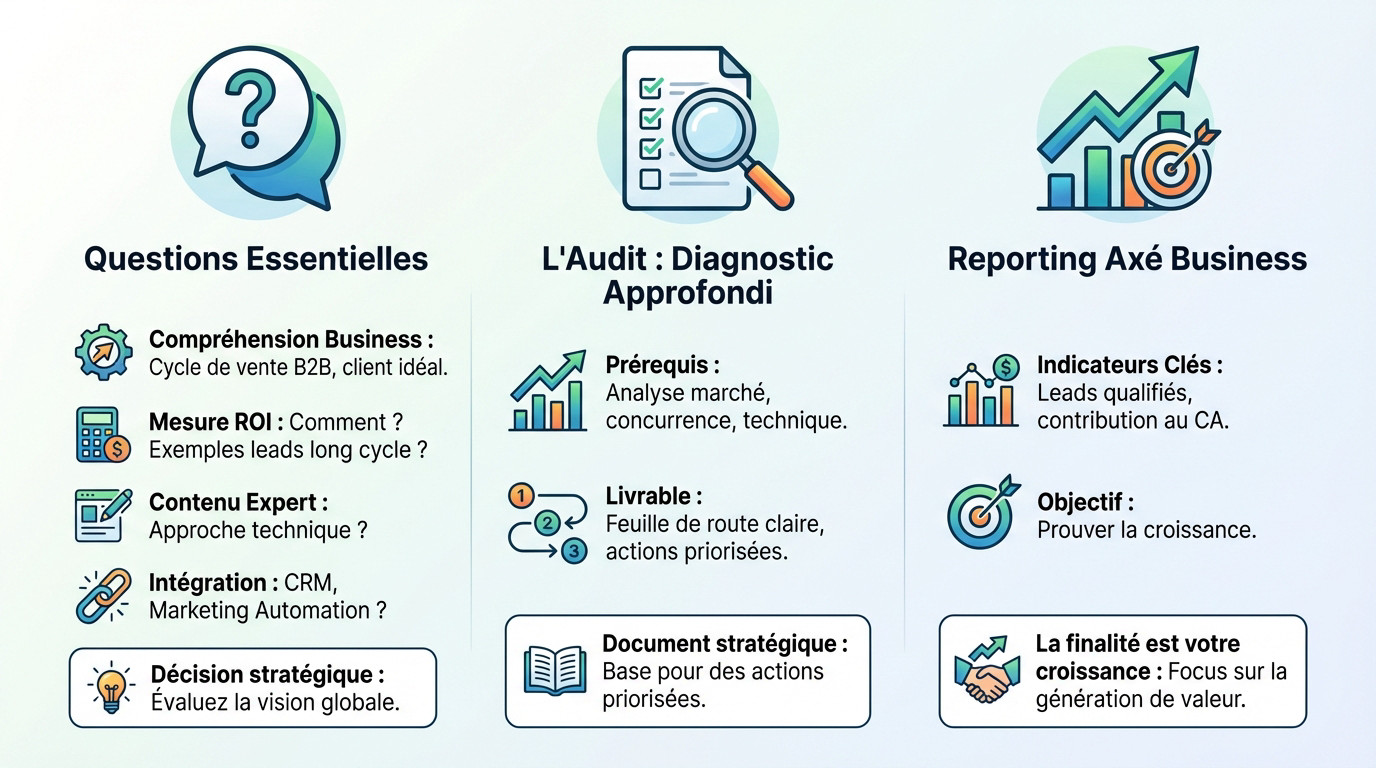 Réunion d'équipe analysant des critères de choix pour une agence SEO B2B à Lyon