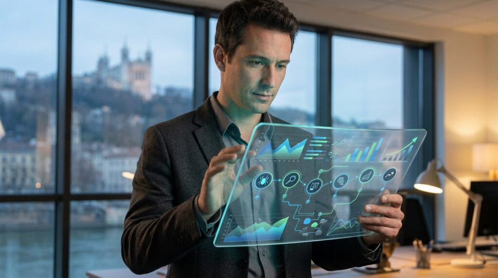 Homme en veste analysant un écran holographique de data illustrant la stratégie SEO local à Lyon