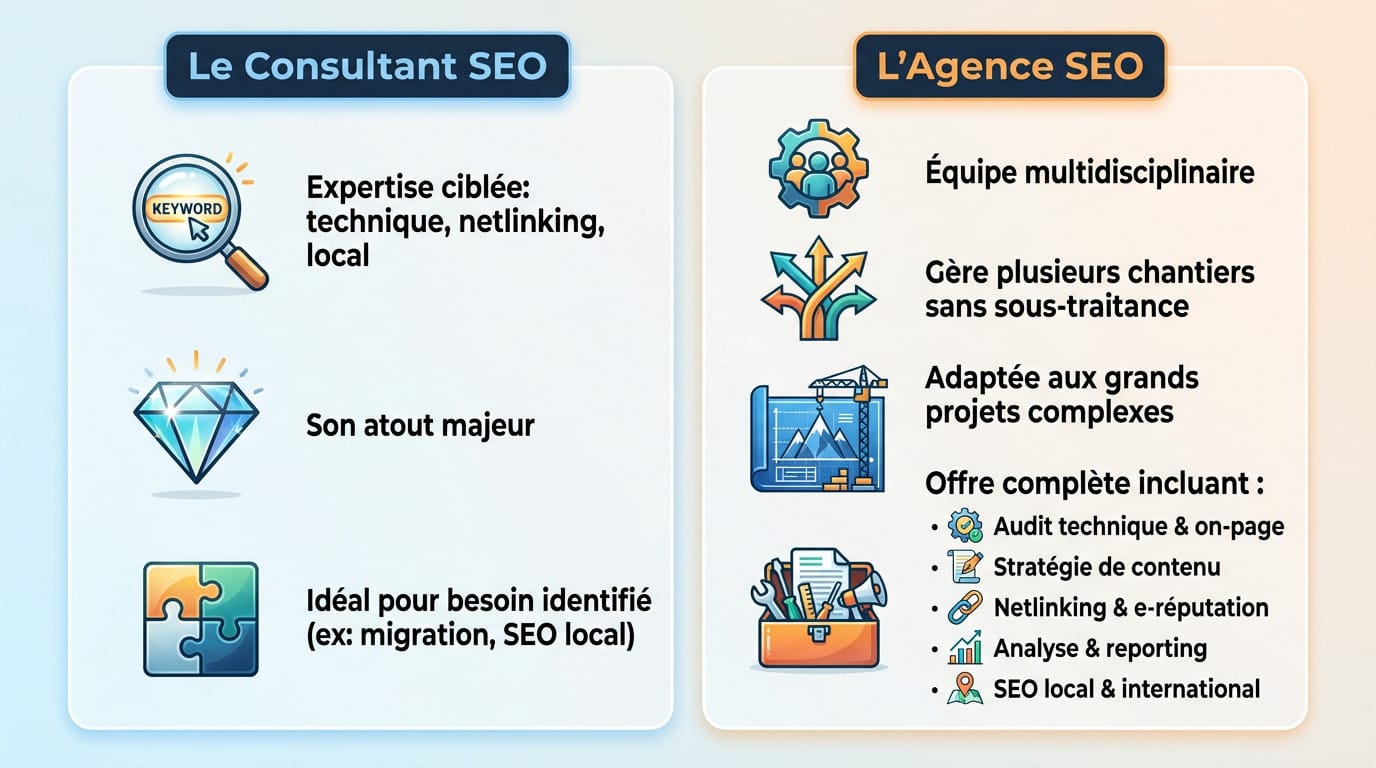 Comparatif des compétences entre un consultant SEO freelance et une agence SEO à Lyon