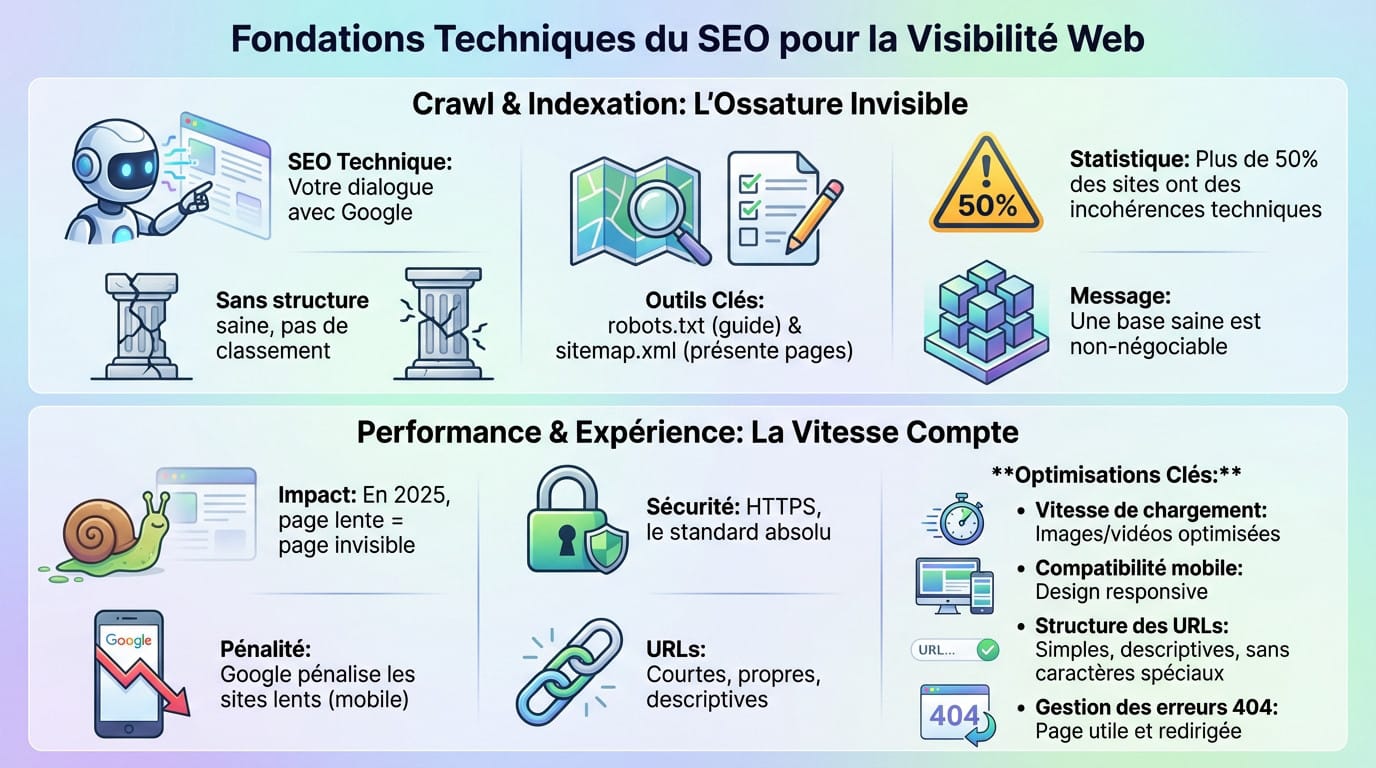 Schéma des fondations techniques du SEO : crawl, indexation et vitesse