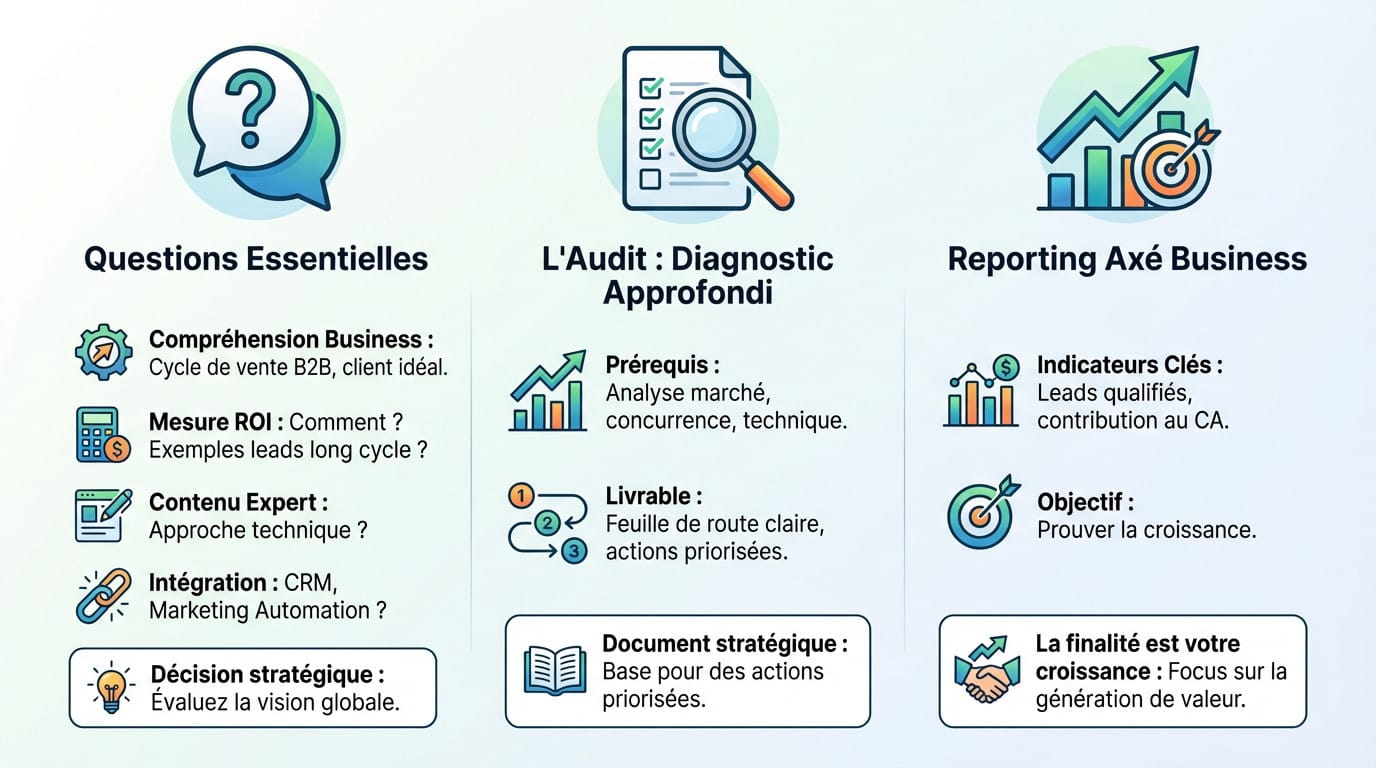 Réunion d'équipe analysant des critères de choix pour une agence SEO B2B à Lyon