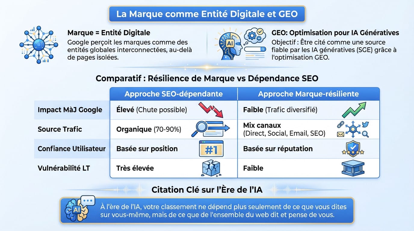 Illustration symbolisant la marque comme un bouclier de résilience face aux algorithmes SEO et IA