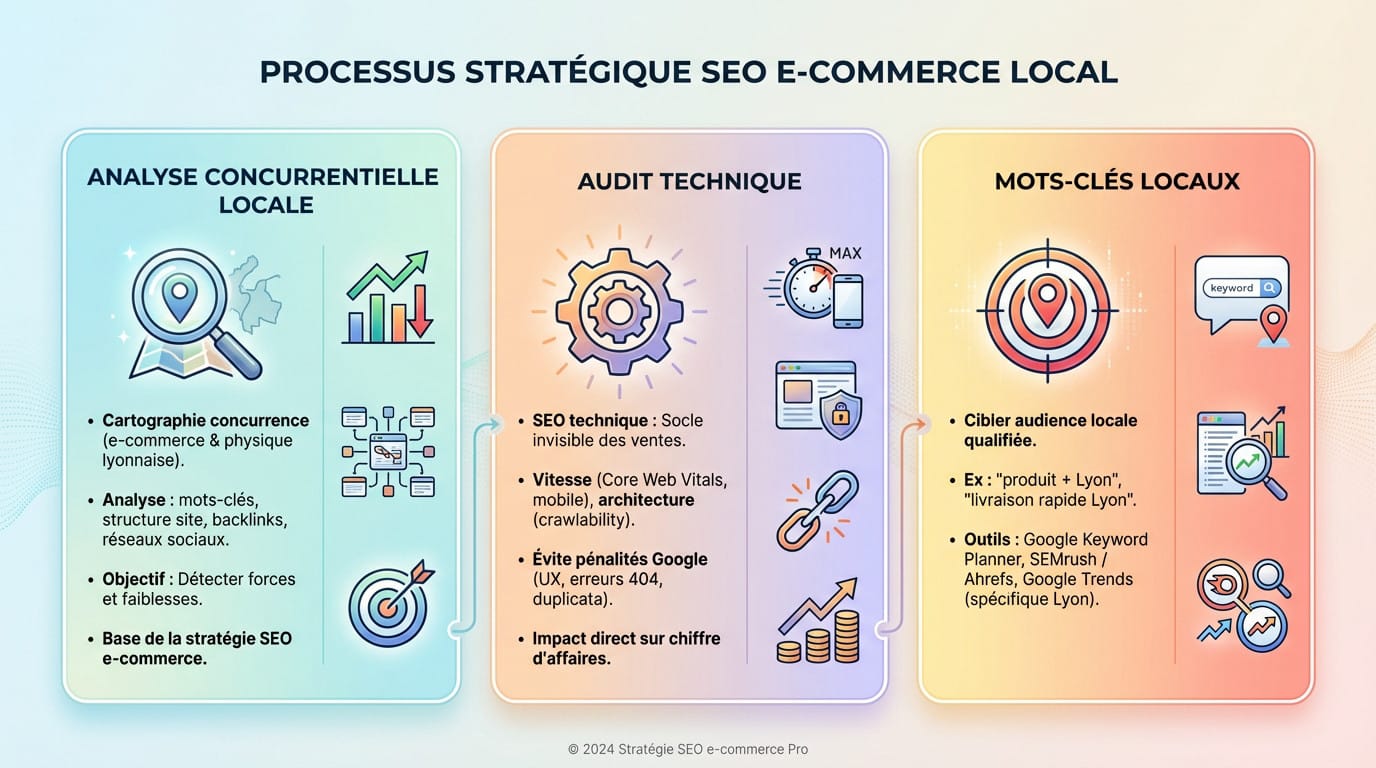 Schéma du processus stratégique pour l'optimisation SEO d'un e-commerce local à Lyon