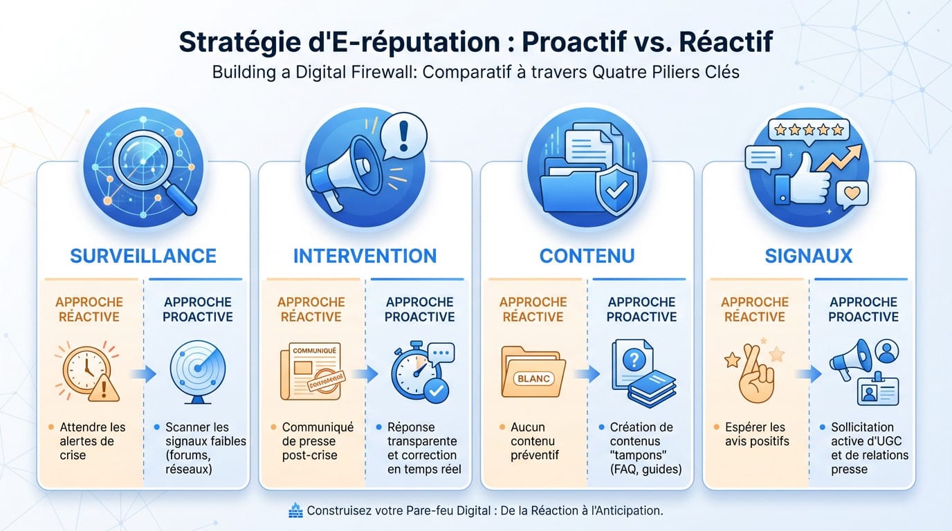 Tableau comparatif entre stratégie e-réputation réactive et proactive face aux IA