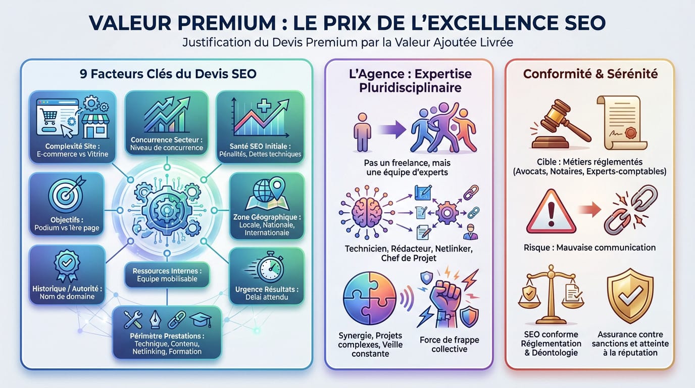 Illustration de la valeur ajoutée d'un accompagnement SEO premium par rapport au coût