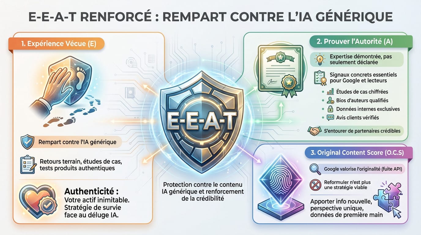 Schéma illustrant le concept E-E-A-T comme protection contre le contenu généré par IA