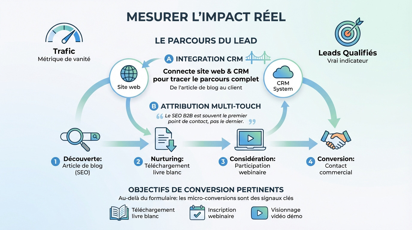Schéma explicatif du tunnel de conversion SEO B2B : du trafic brut aux leads qualifiés