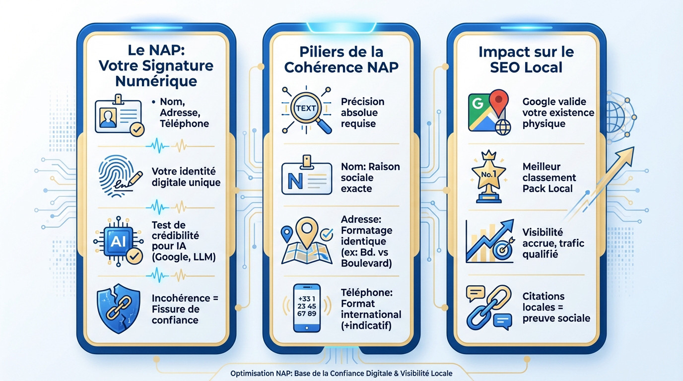 Infographie illustrant le NAP comme signature numérique pour le SEO local et les moteurs IA