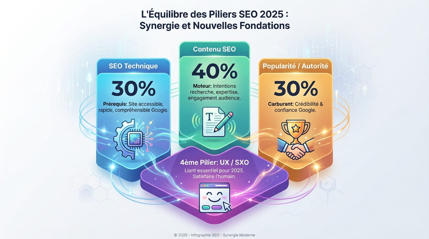 Schéma illustrant la synergie entre technique, contenu et popularité pour le SEO en 2025