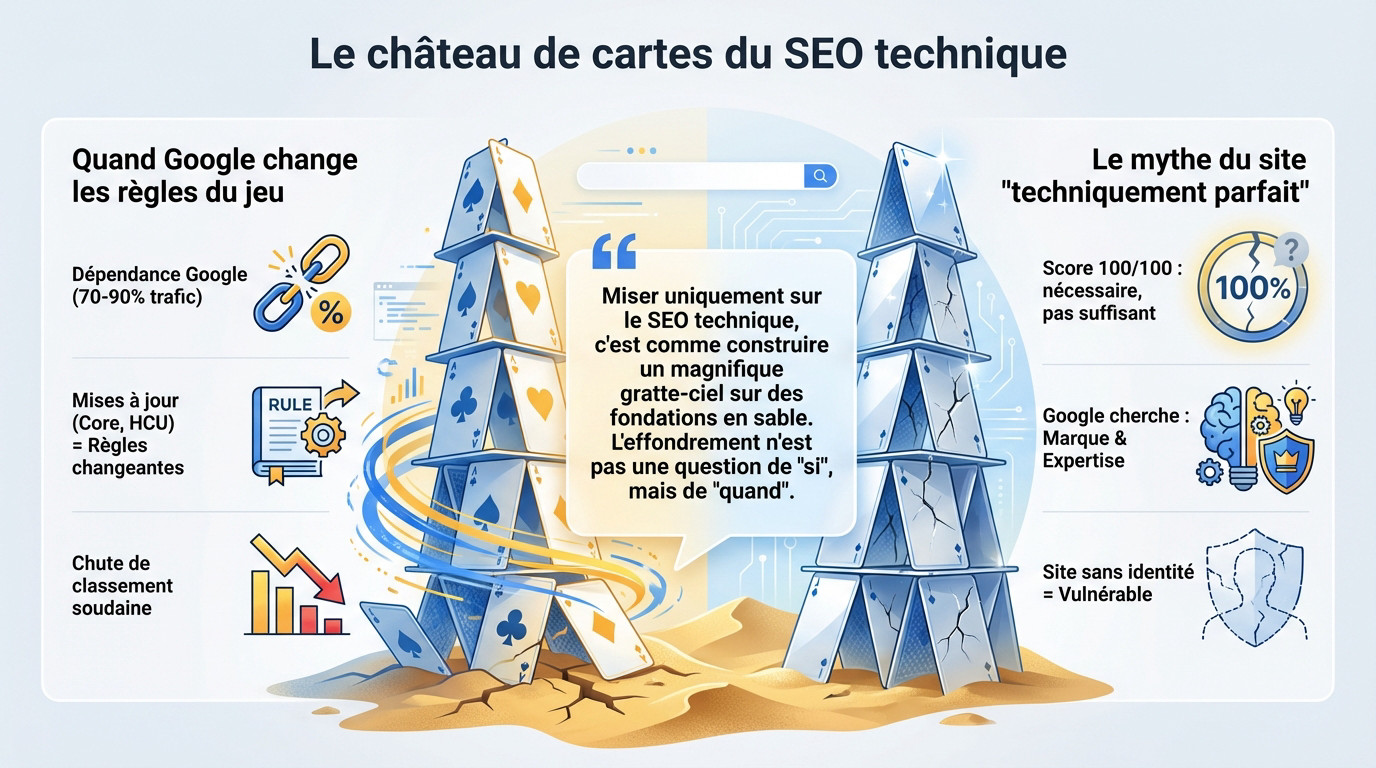 Illustration symbolisant la fragilité d'une stratégie SEO uniquement technique face aux algorithmes