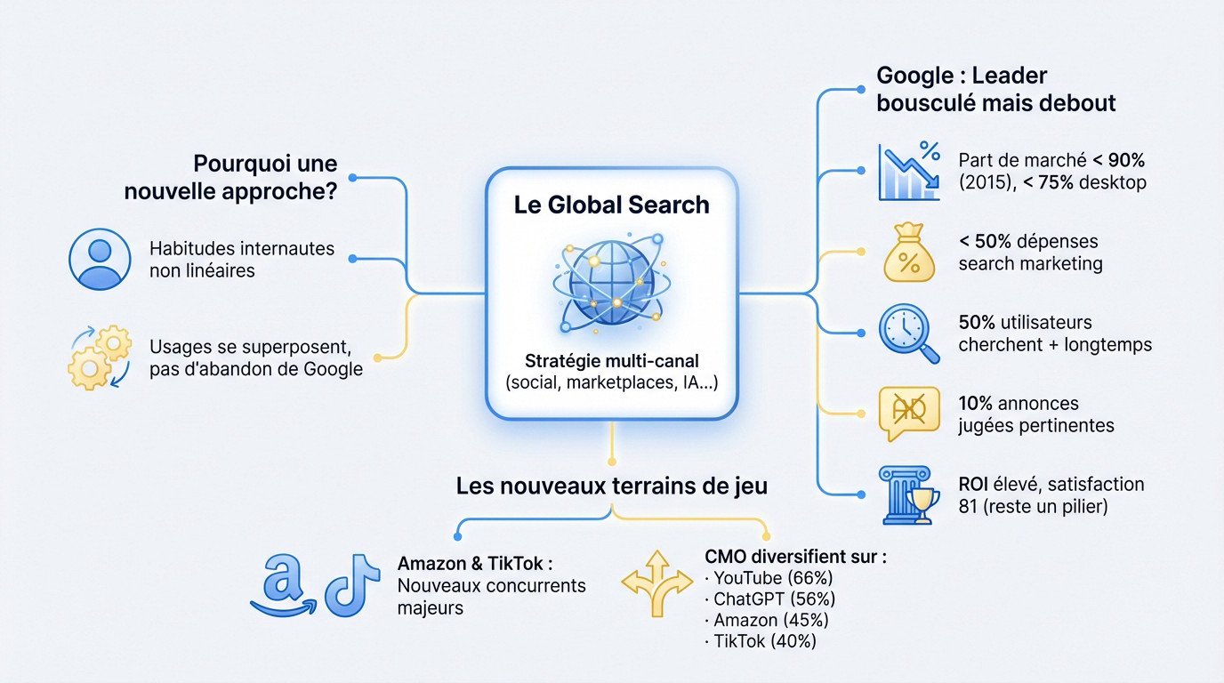 Illustration du concept de Global Search montrant une stratégie multi-canal incluant réseaux sociaux et marketplaces