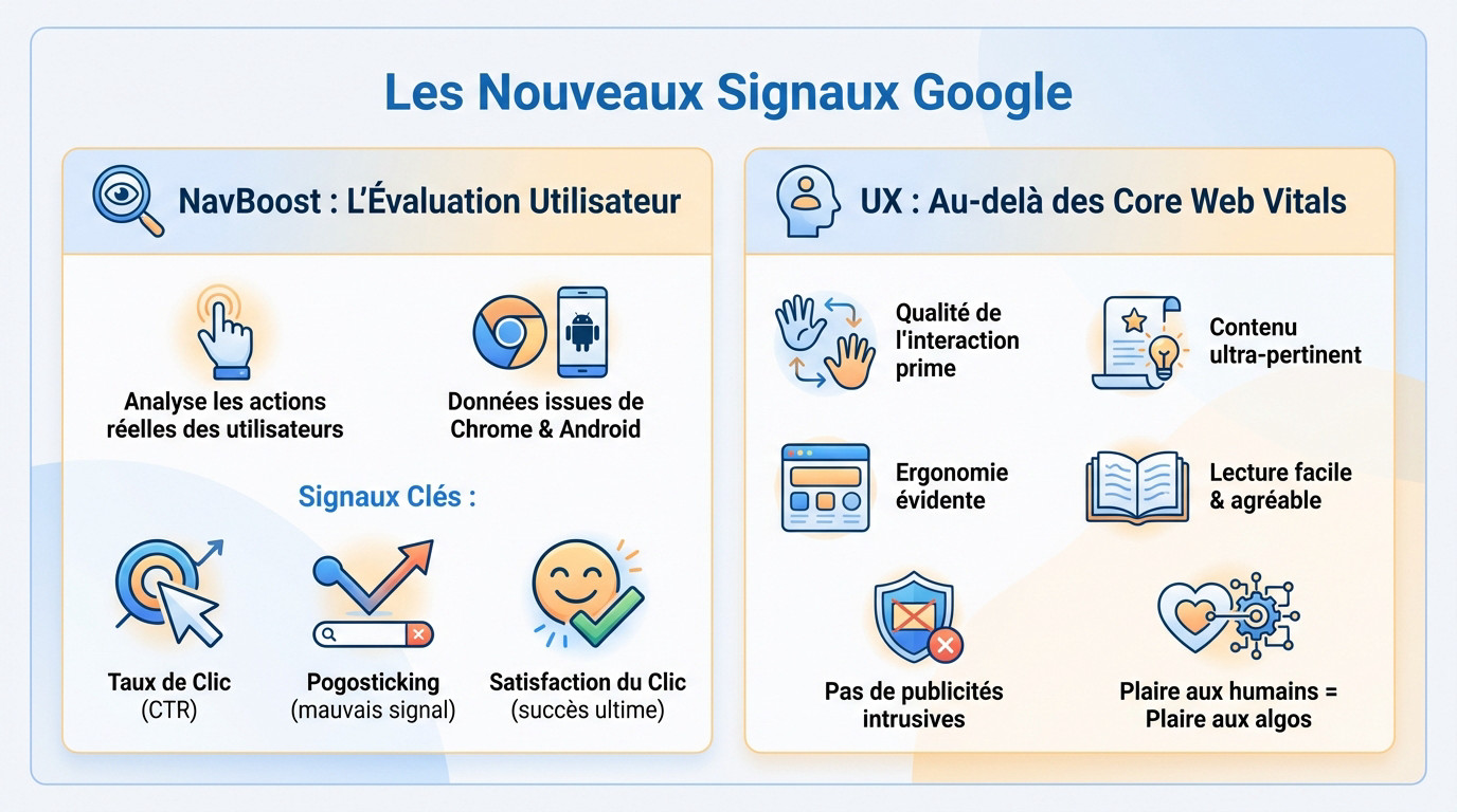 Schéma expliquant le fonctionnement de NavBoost et les signaux comportementaux analysés par Google