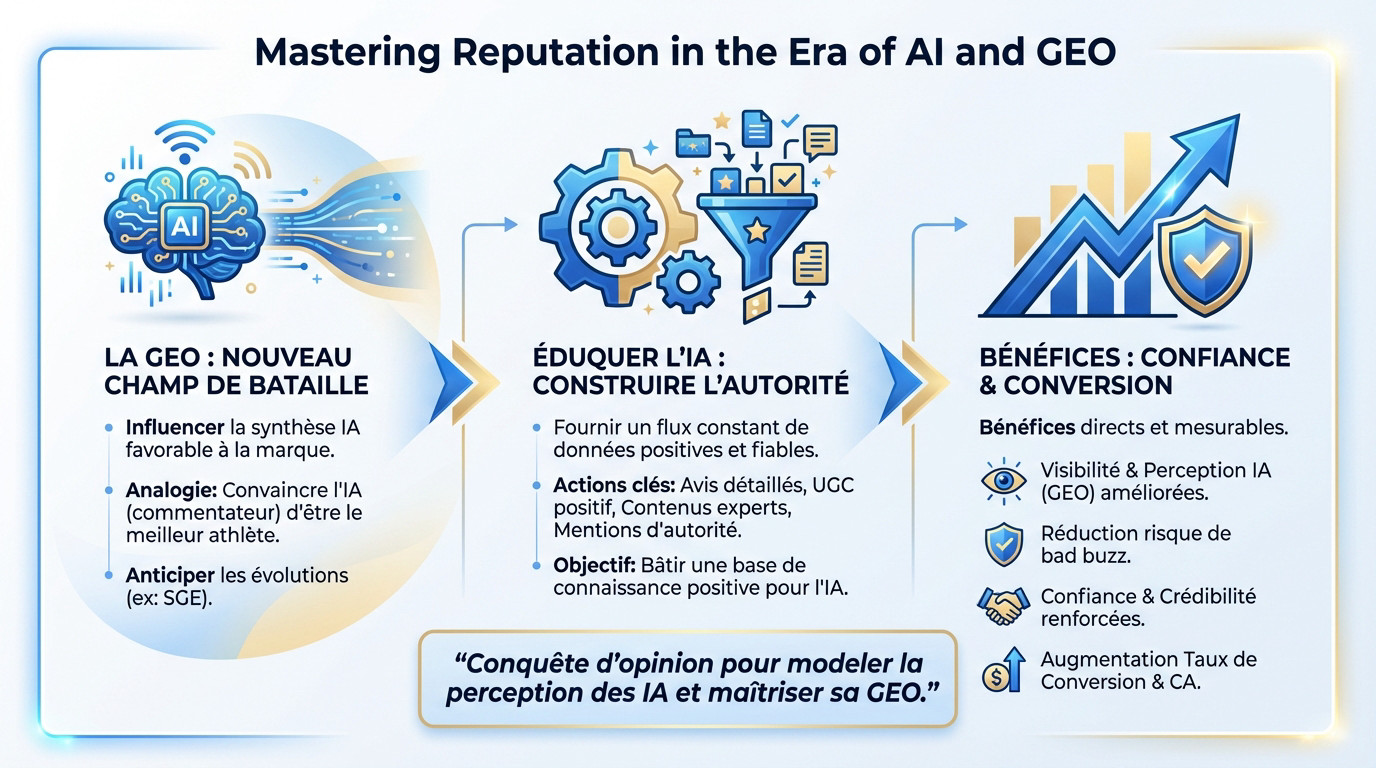 Schéma illustrant la maîtrise de la réputation via la GEO et l'IA