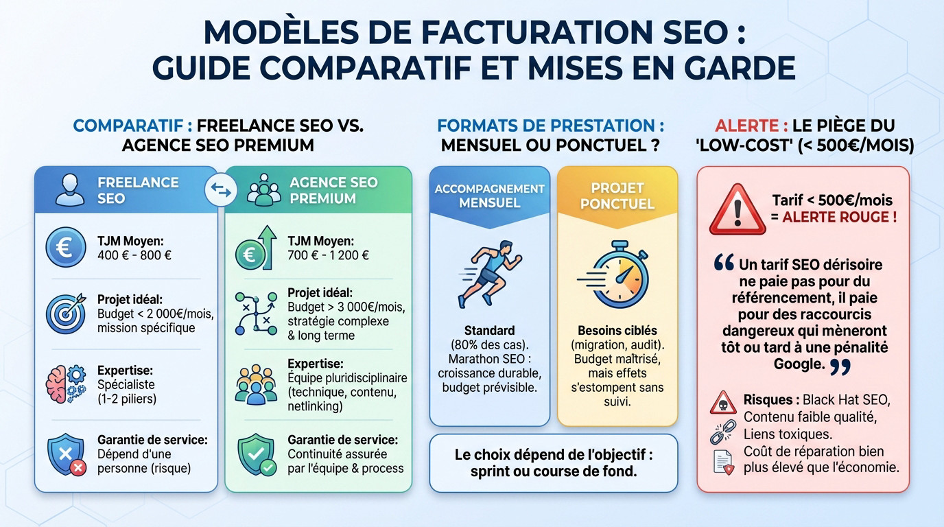 Comparatif des modèles de facturation SEO : Freelance vs Agence Premium et mise en garde contre le low-cost