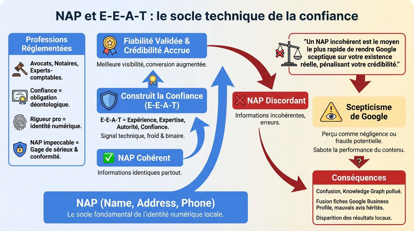 Illustration du lien entre la cohérence NAP et le pilier Trust du concept E-E-A-T