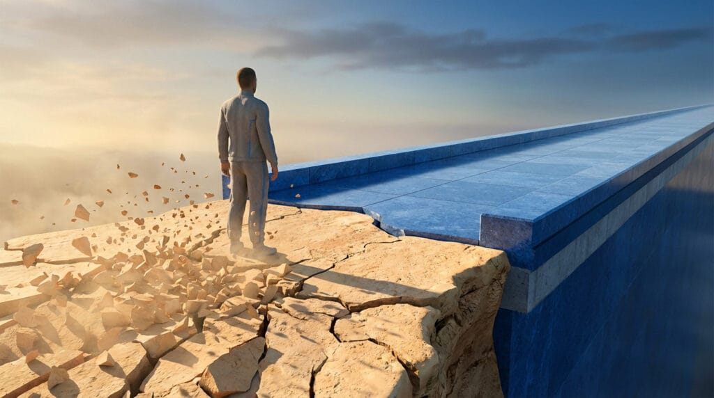 Personne au bord d'une falaise face a une plateforme stable, image strategie SEO durable Lyon AURA