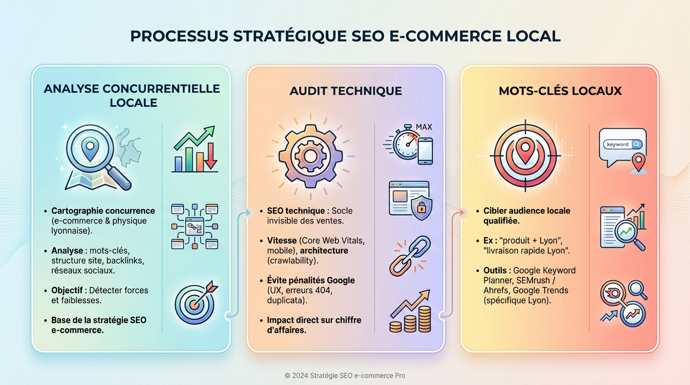 Schéma du processus stratégique pour l'optimisation SEO d'un e-commerce local à Lyon