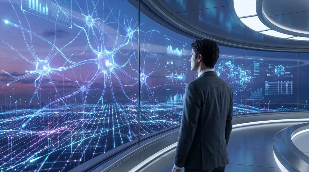 professionnel observant un reseau de neurones et des graphes de donnees, IA appliquee au SEO en Auvergne-Rhone-Alpes