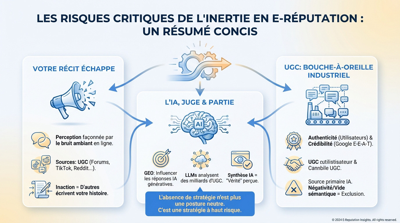 Résumé des risques majeurs liés à l'inaction en e-réputation face à l'IA et aux UGC