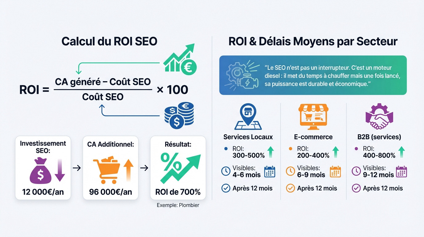 Graphique illustrant le calcul du ROI SEO avec l'exemple du plombier et les délais de rentabilité par secteur