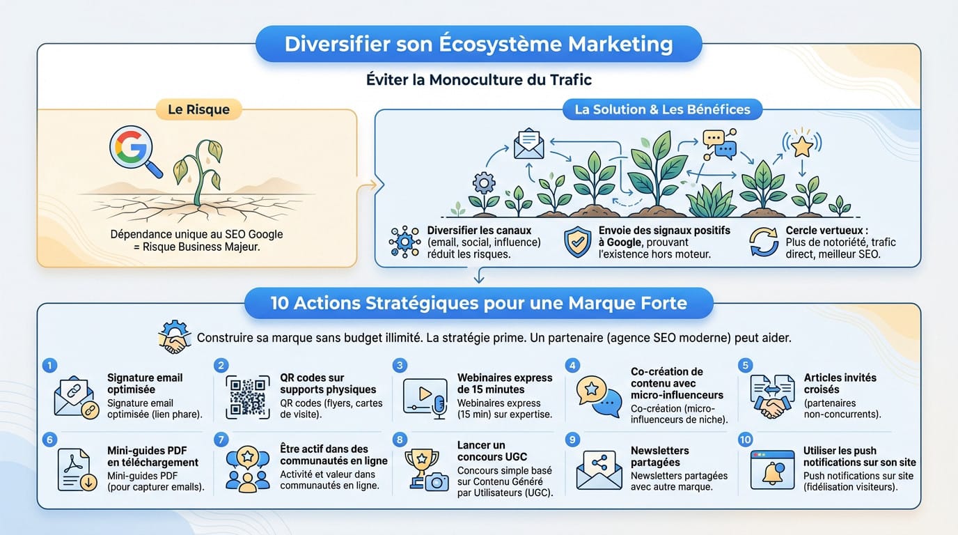Schéma illustrant la diversification des canaux marketing pour renforcer le SEO