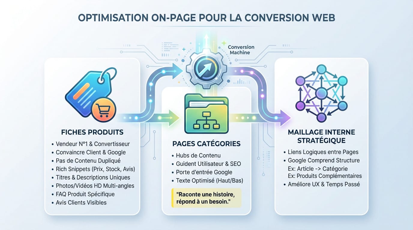 Schéma d'optimisation on-page pour améliorer la conversion d'un site e-commerce