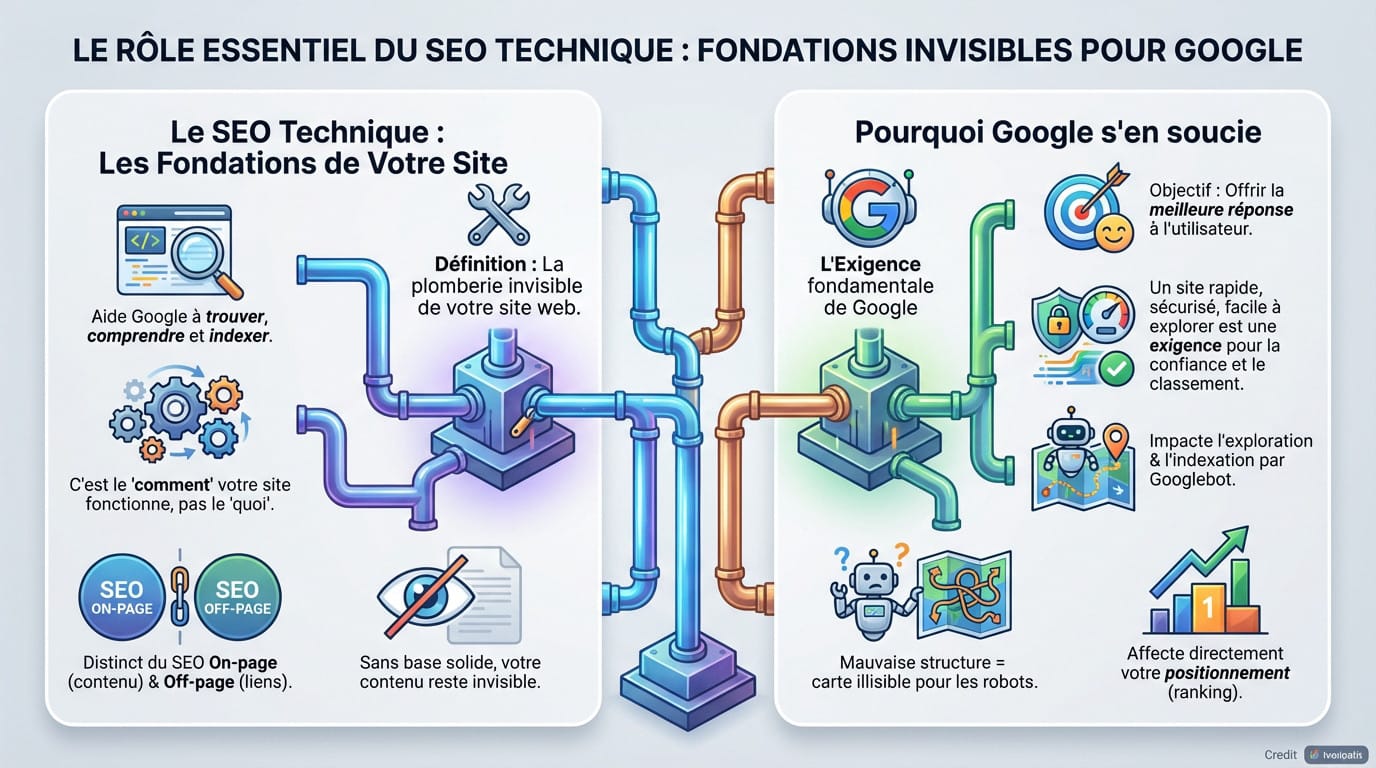 Illustration des fondations techniques invisibles du SEO supportant la visibilité d'un site web sur Google