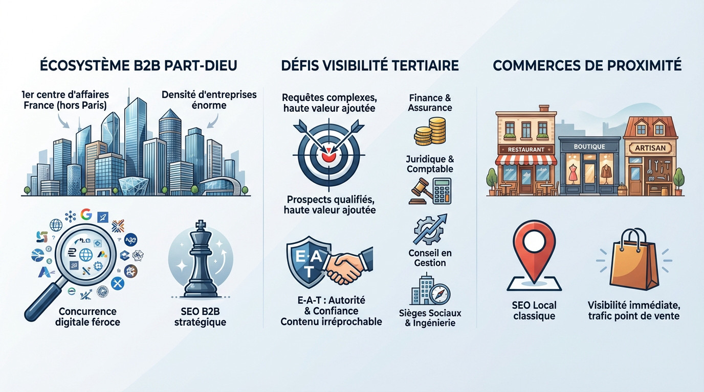 Panorama du quartier d'affaires de la Part-Dieu à Lyon illustrant la densité des entreprises B2B et commerces