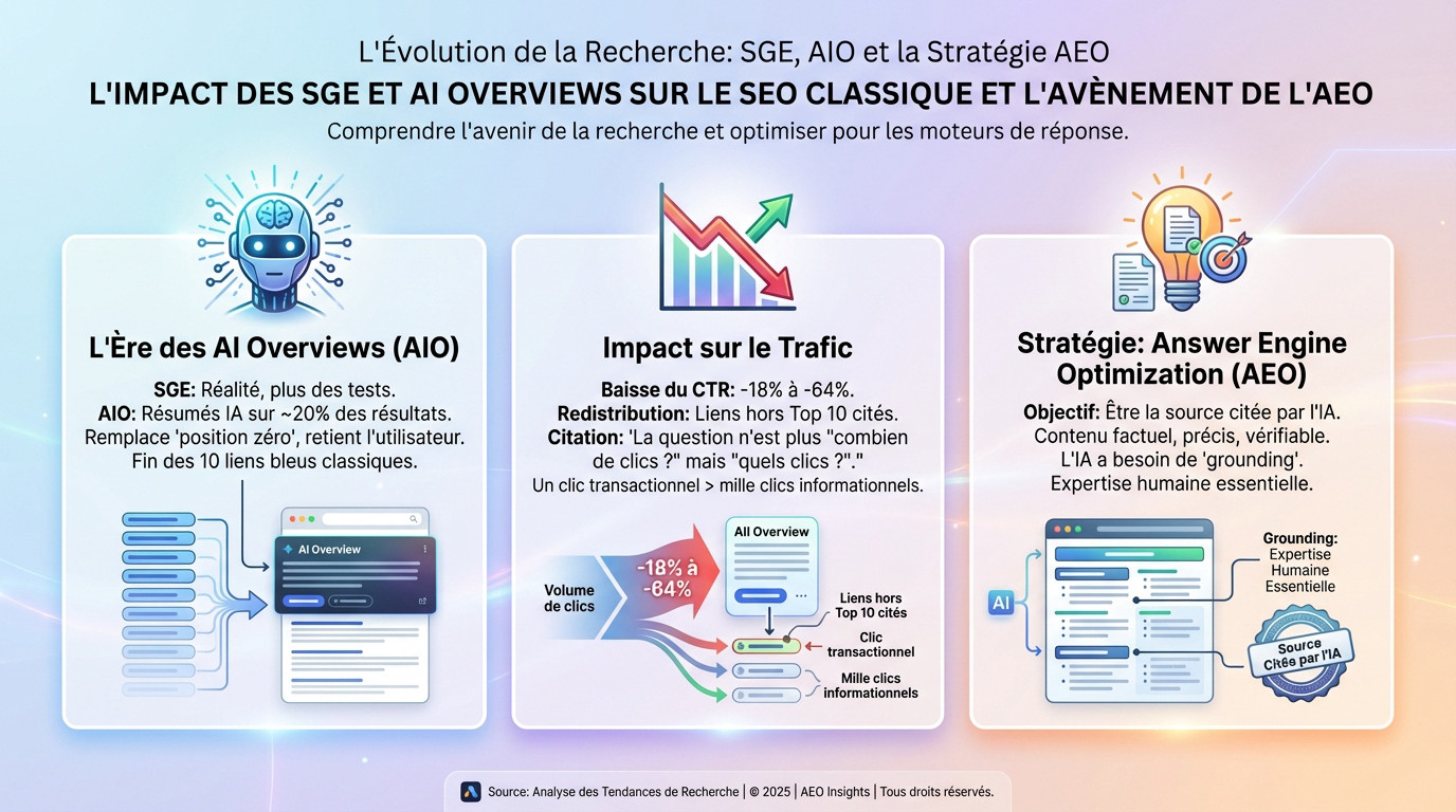 Schéma illustrant l'impact de la SGE et des AI Overviews sur la stratégie SEO et l'évolution vers l'AEO
